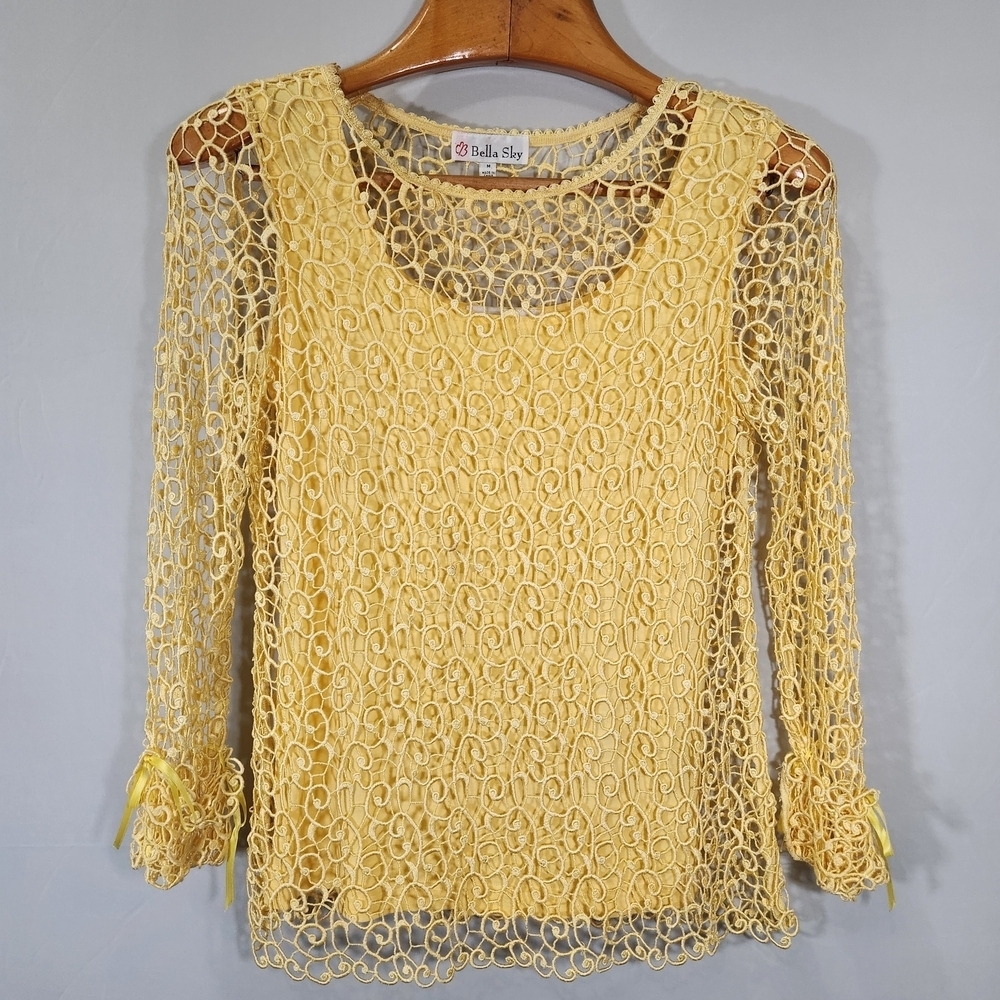 Yellow Swirl Crochet Lagenlook Cottage Long Sleeve Top